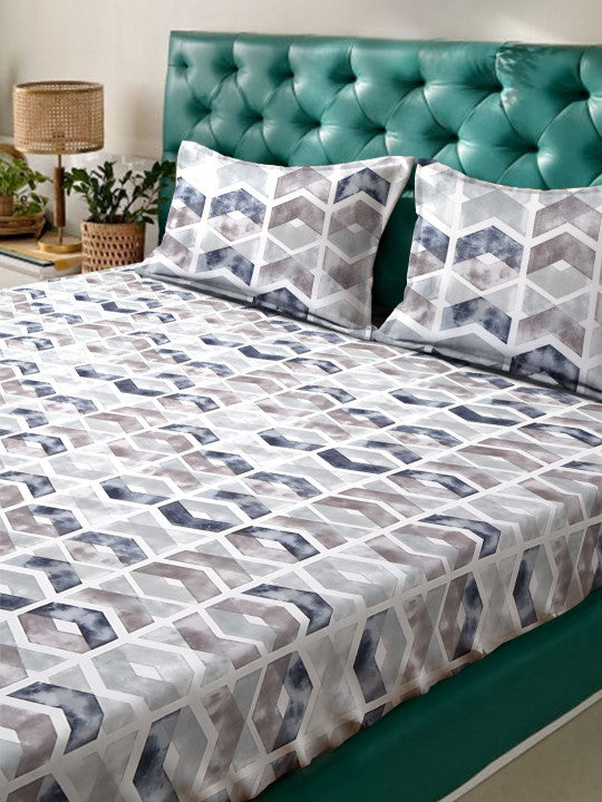 White Geometric Cotton 280 TC King Fine Bedsheet with 2 Pillow Covers-100 x 107 inches