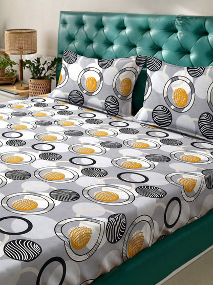 Grey Geometric Polycotton 300 TC Fitted King Fine Bedsheet with 2 Pillow Covers-78 x 78 inches