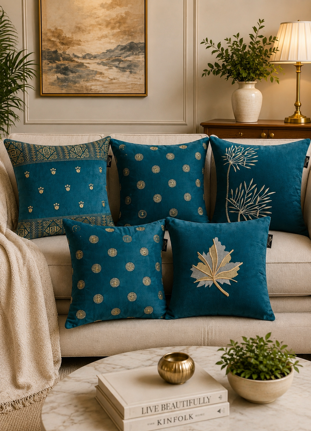 Soft Velvet Mix Design Embroidered Cushion Covers – Set of 5 | 16 × 16 Inch