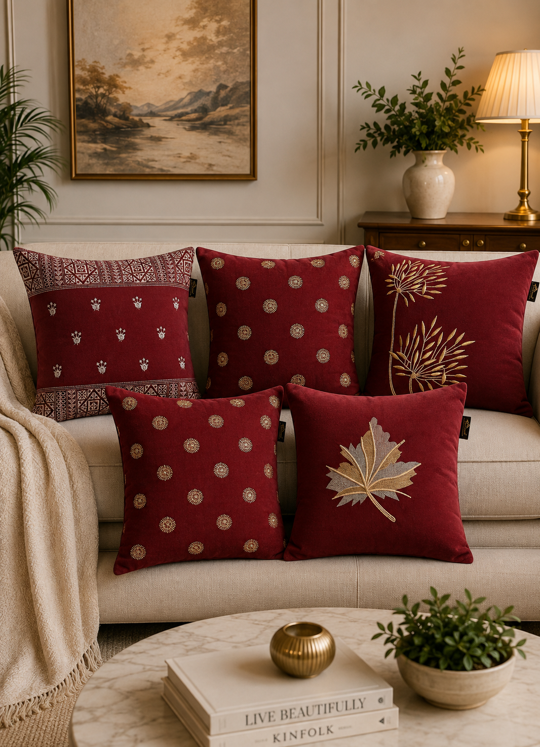 Soft Velvet Mix Design Embroidered Cushion Covers – Set of 5 | 16 × 16 Inch