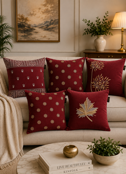Soft Velvet Mix Design Embroidered Cushion Covers – Set of 5 | 16 × 16 Inch