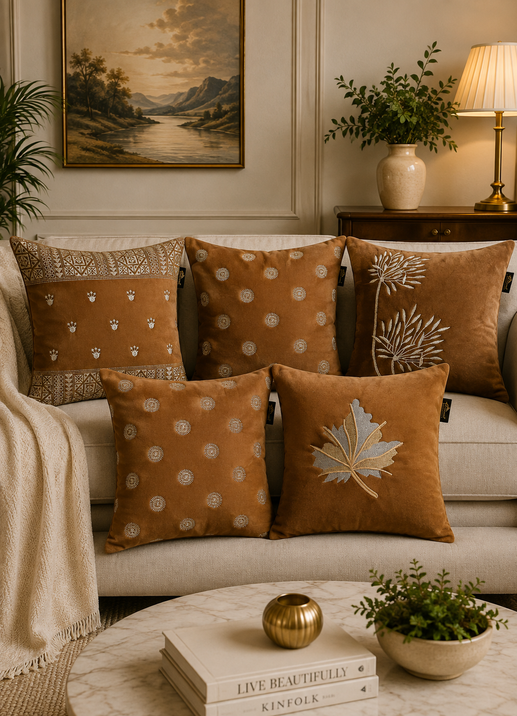 Soft Velvet Mix Design Embroidered Cushion Covers – Set of 5 | 16 × 16 Inch
