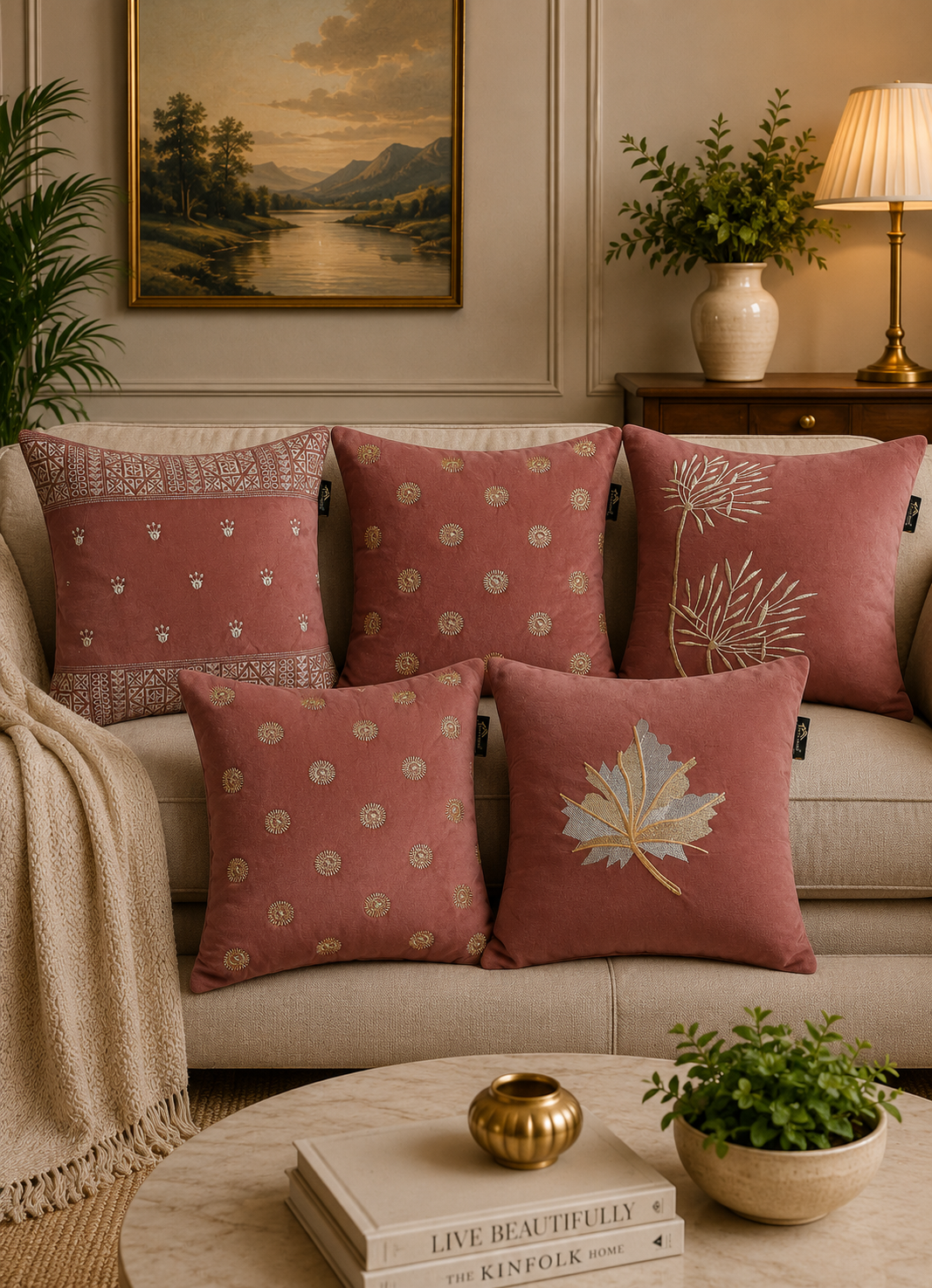 Soft Velvet Mix Design Embroidered Cushion Covers – Set of 5 | 16 × 16 Inch