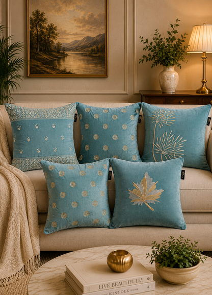 Soft Velvet Mix Design Embroidered Cushion Covers – Set of 5 | 16 × 16 Inch