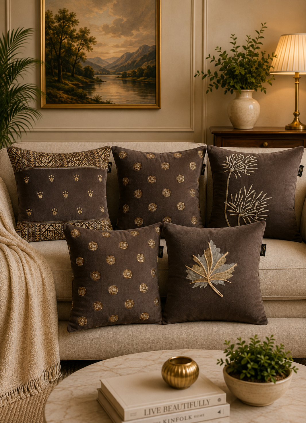 Soft Velvet Mix Design Embroidered Cushion Covers – Set of 5 | 16 × 16 Inch