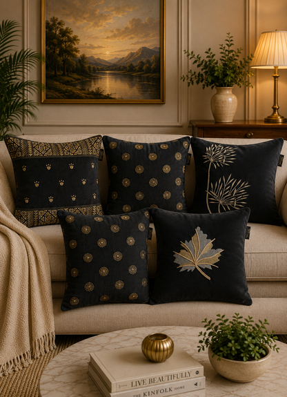 Soft Velvet Mix Design Embroidered Cushion Covers – Set of 5 | 16 × 16 Inch