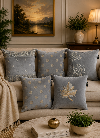 Soft Velvet Mix Design Embroidered Cushion Covers – Set of 5 | 16 × 16 Inch