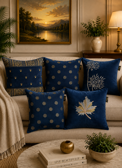 Soft Velvet Mix Design Embroidered Cushion Covers – Set of 5 | 16 × 16 Inch