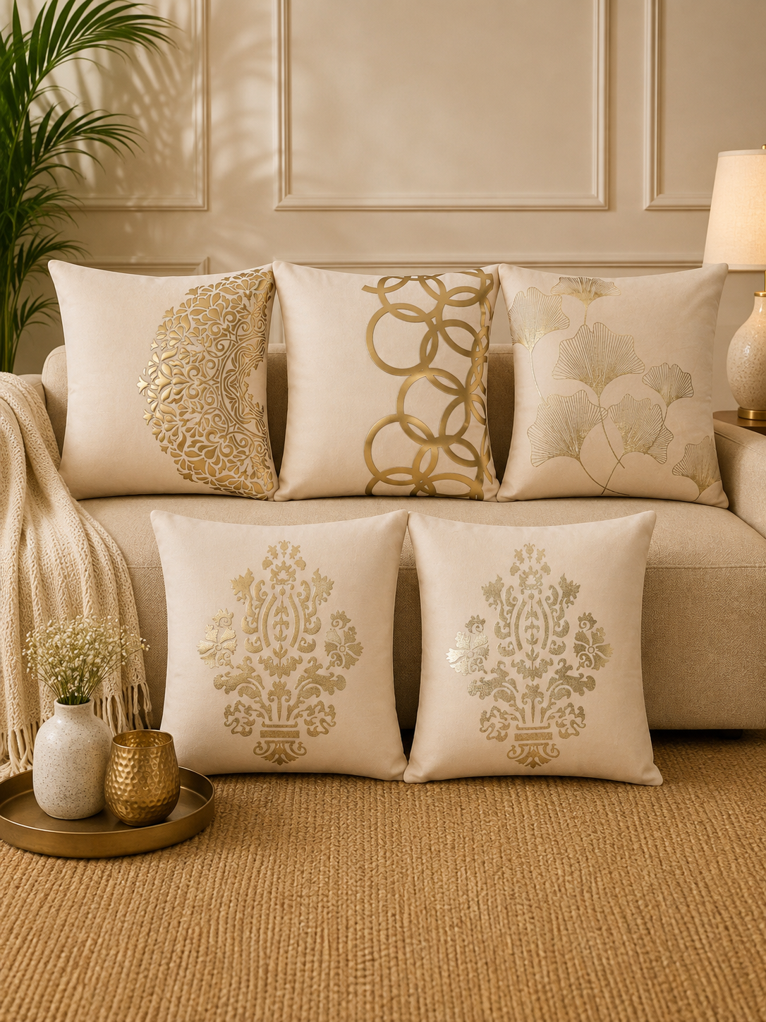 Premium Velvet Foil Printed Cushion Covers Pack of 5 | 16 x 16 Inch