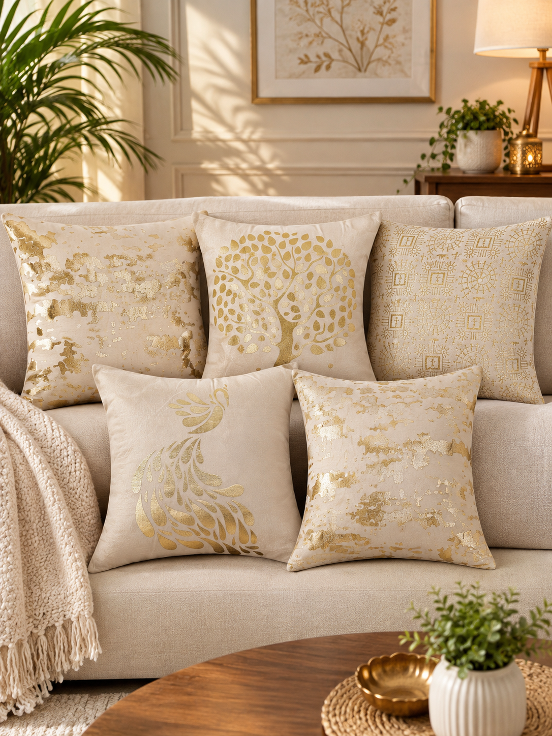 Premium Velvet Foil Printed Cushion Covers Pack of 5 | 16 x 16 Inch