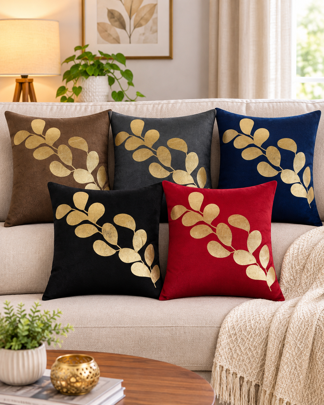 Premium Velvet Foil Printed Cushion Covers Pack of 5 | 16 x 16 Inch