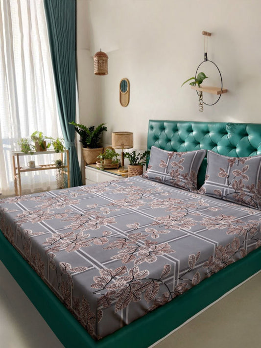 Grey Floral Cotton 280 TC Fitted Queen Fine Bedsheet with 2 Pillow Covers-72 x 78 inches