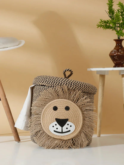 Handwoven lion storage basket in neutral tones