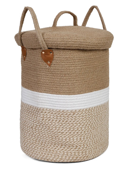 Neutral beige, brown and white striped laundry hamper