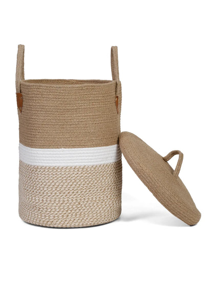 Decorative beige, brown and white stripe storage hamper for modern homes