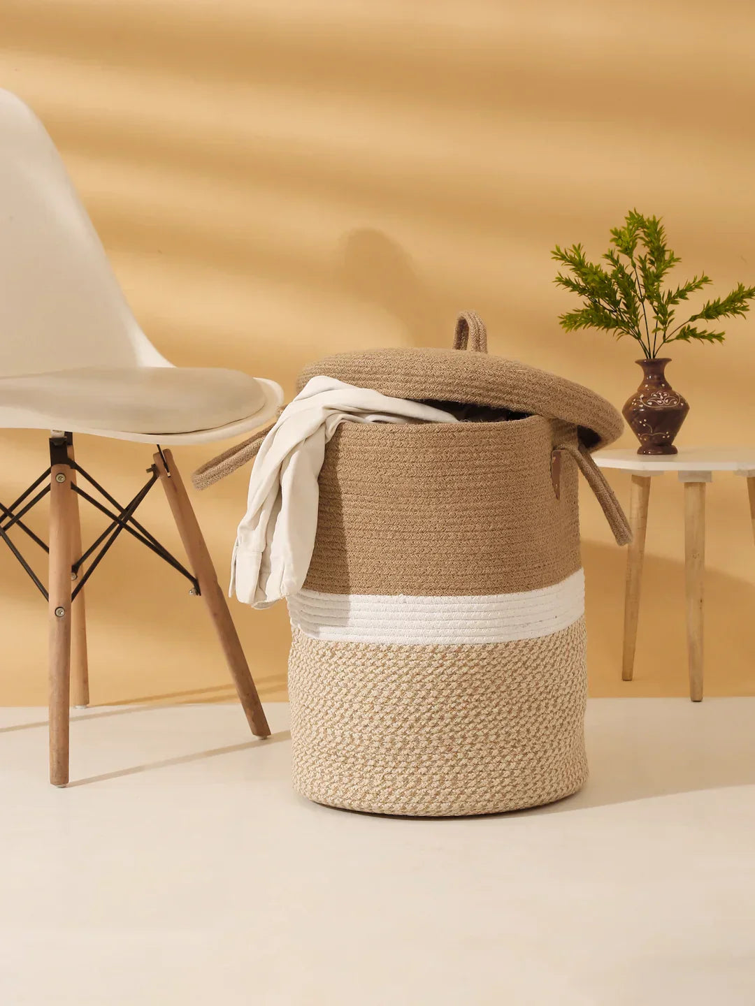Handwoven jute cotton laundry basket with lid