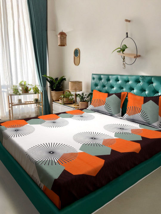 White Geometric Polycotton 210 TC Queen Fine Bedsheet with 2 Pillow Covers-228 x 254 cm
