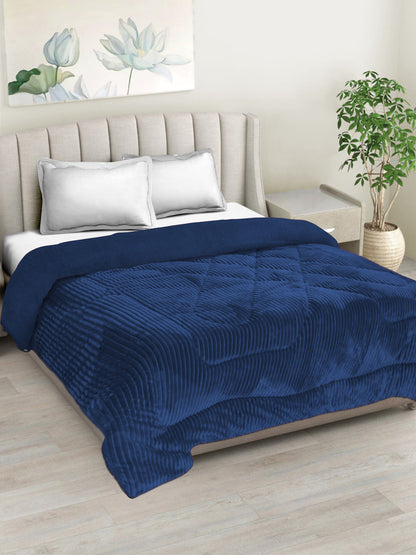 Navy Blue Luxury Microfibre Filled Ultra Soft Embossed Sherpa Double Bed Quilt
