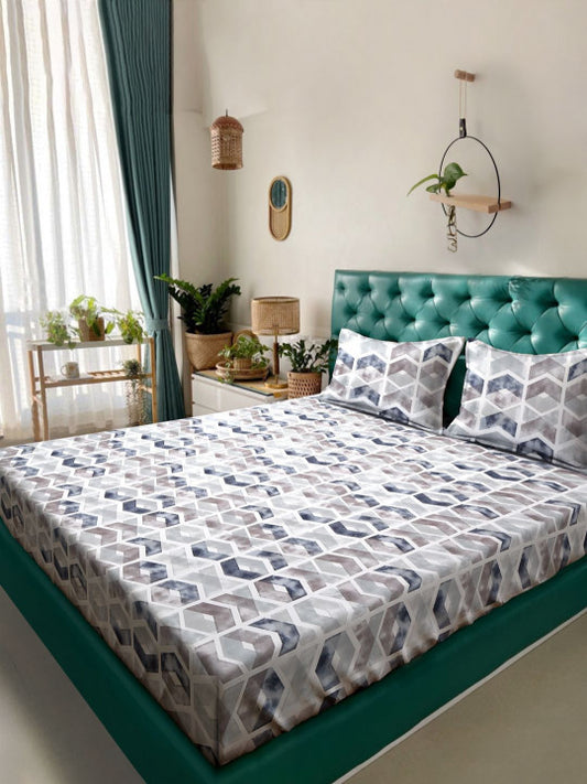 White Geometric Cotton 280 TC King Fine Bedsheet with 2 Pillow Covers-100 x 107 inches