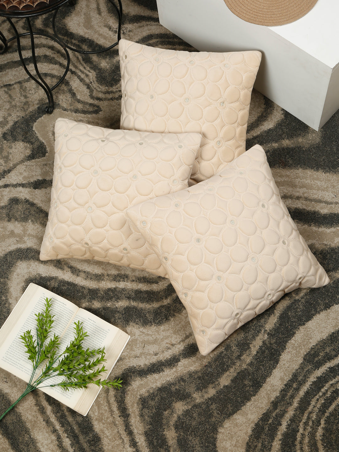 Soft Velvet Self pattern Floral Cushion Covers ( 16 x 16 inch )