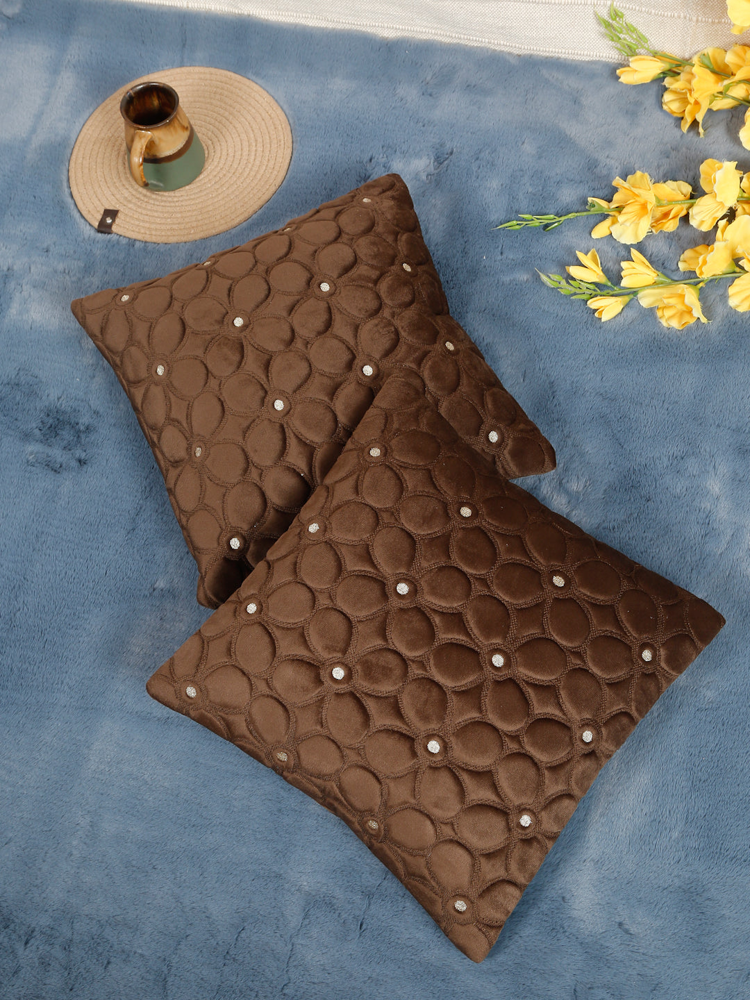 Soft Velvet Self pattern Floral Cushion Covers ( 16 x 16 inch )