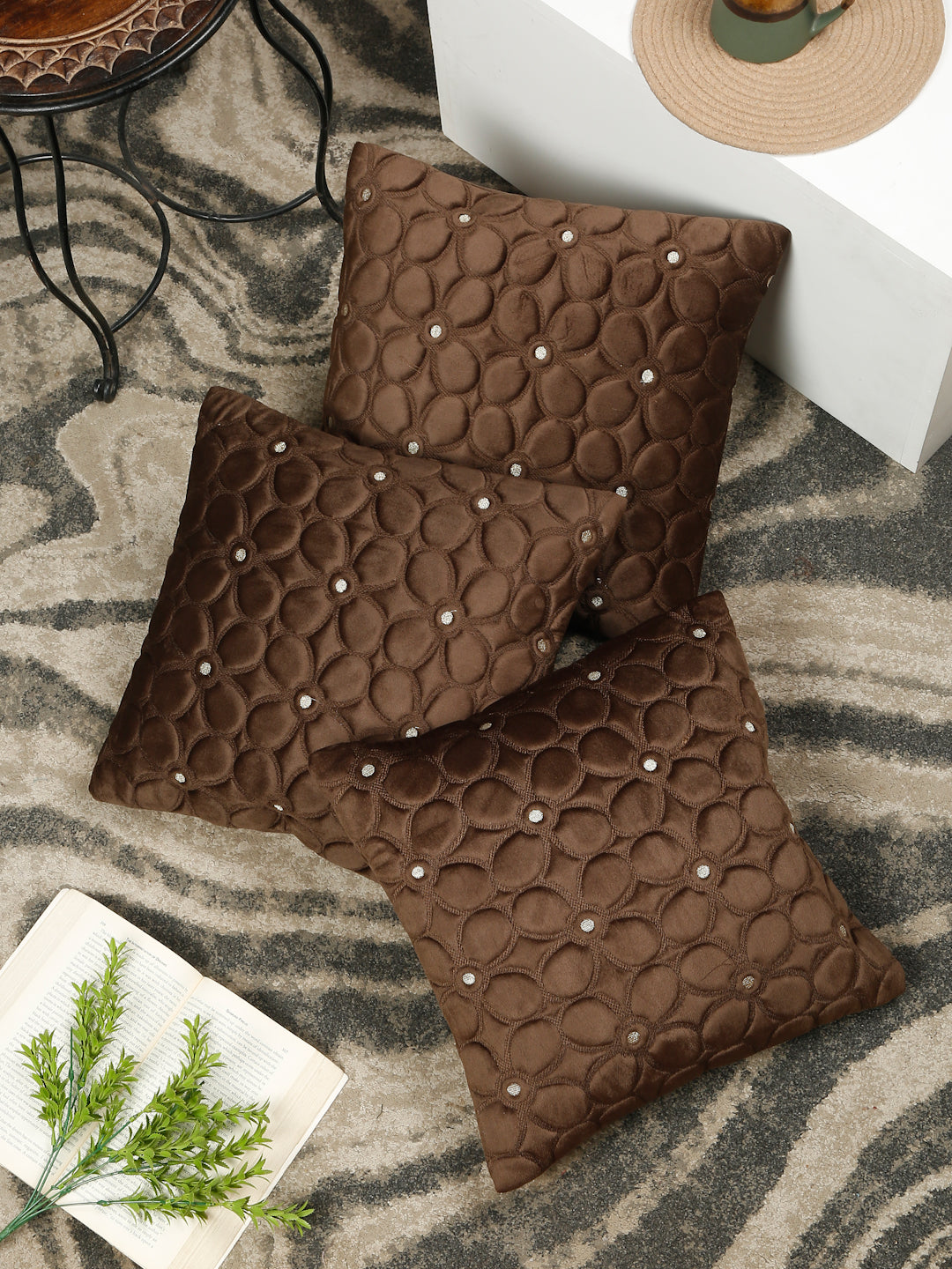 Soft Velvet Self pattern Floral Cushion Covers ( 16 x 16 inch )