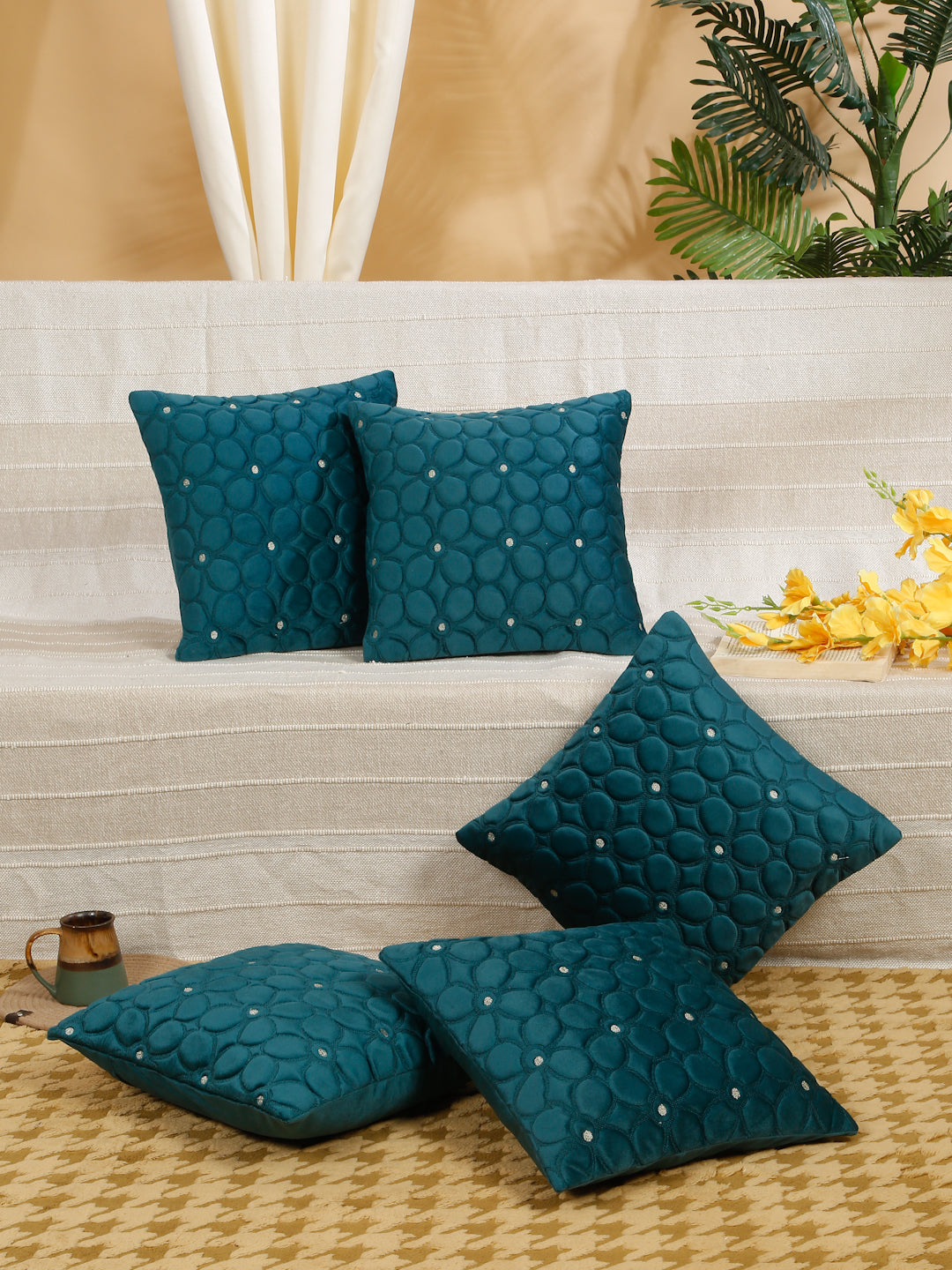 Soft Velvet Self pattern Floral Cushion Covers ( 16 x 16 inch )