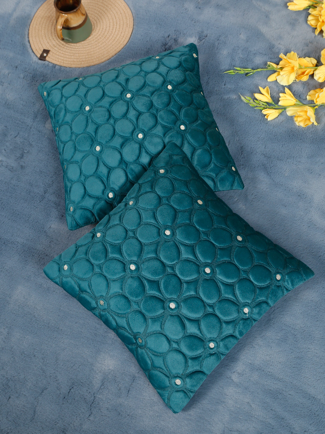 Soft Velvet Self pattern Floral Cushion Covers ( 16 x 16 inch )