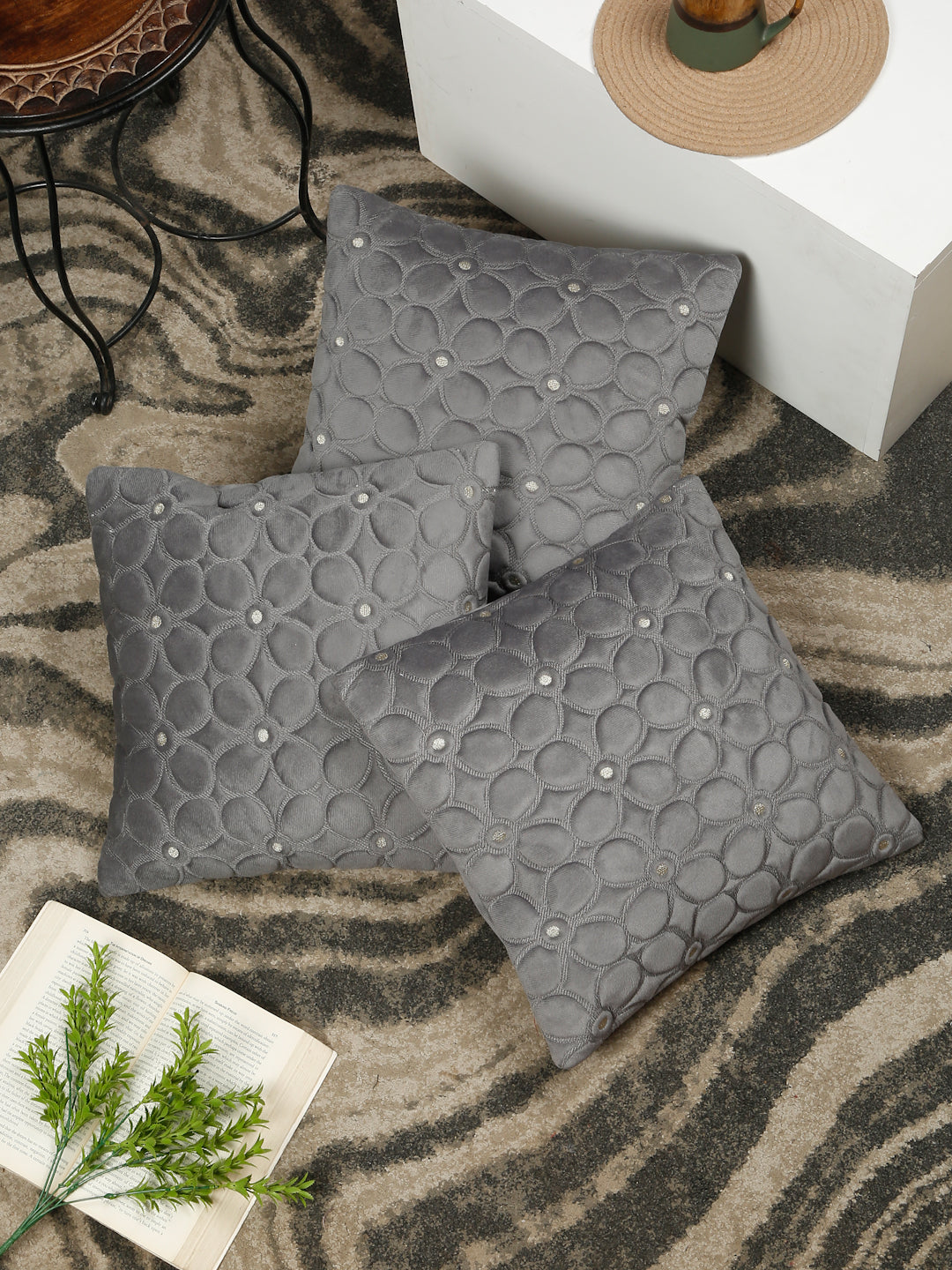 Soft Velvet Self pattern Floral Cushion Covers ( 16 x 16 inch )