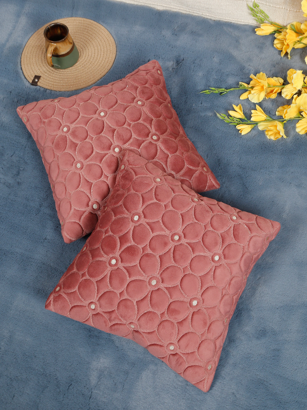 Soft Velvet Self pattern Floral Cushion Covers ( 16 x 16 inch )