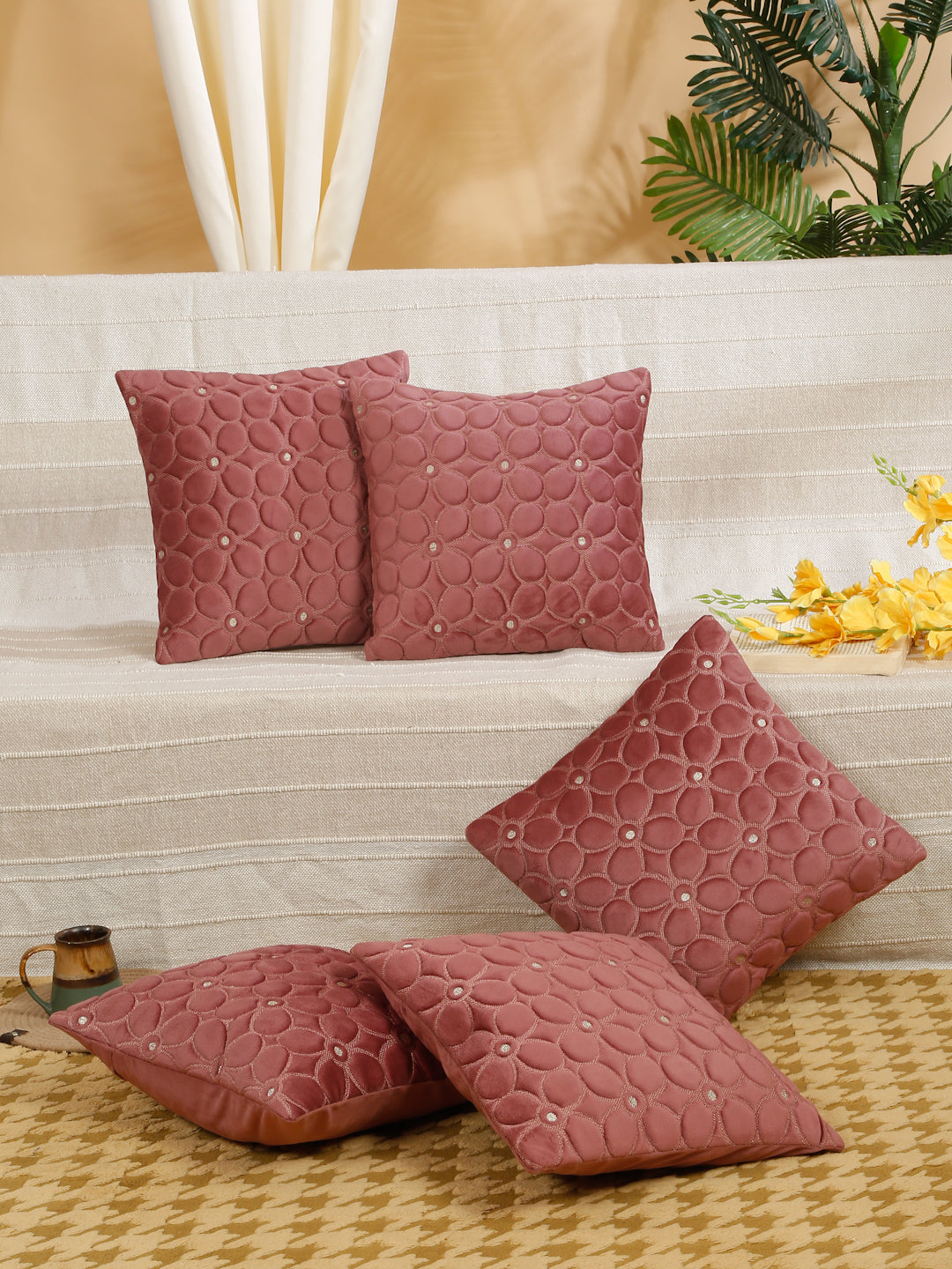 Soft Velvet Self pattern Floral Cushion Covers ( 16 x 16 inch )