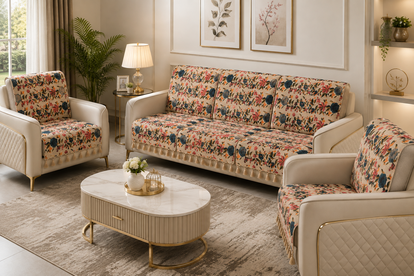Pure Cotton Hand Block Printed Sofa Cover with Tassels | Premium Cotton Sofa Cover