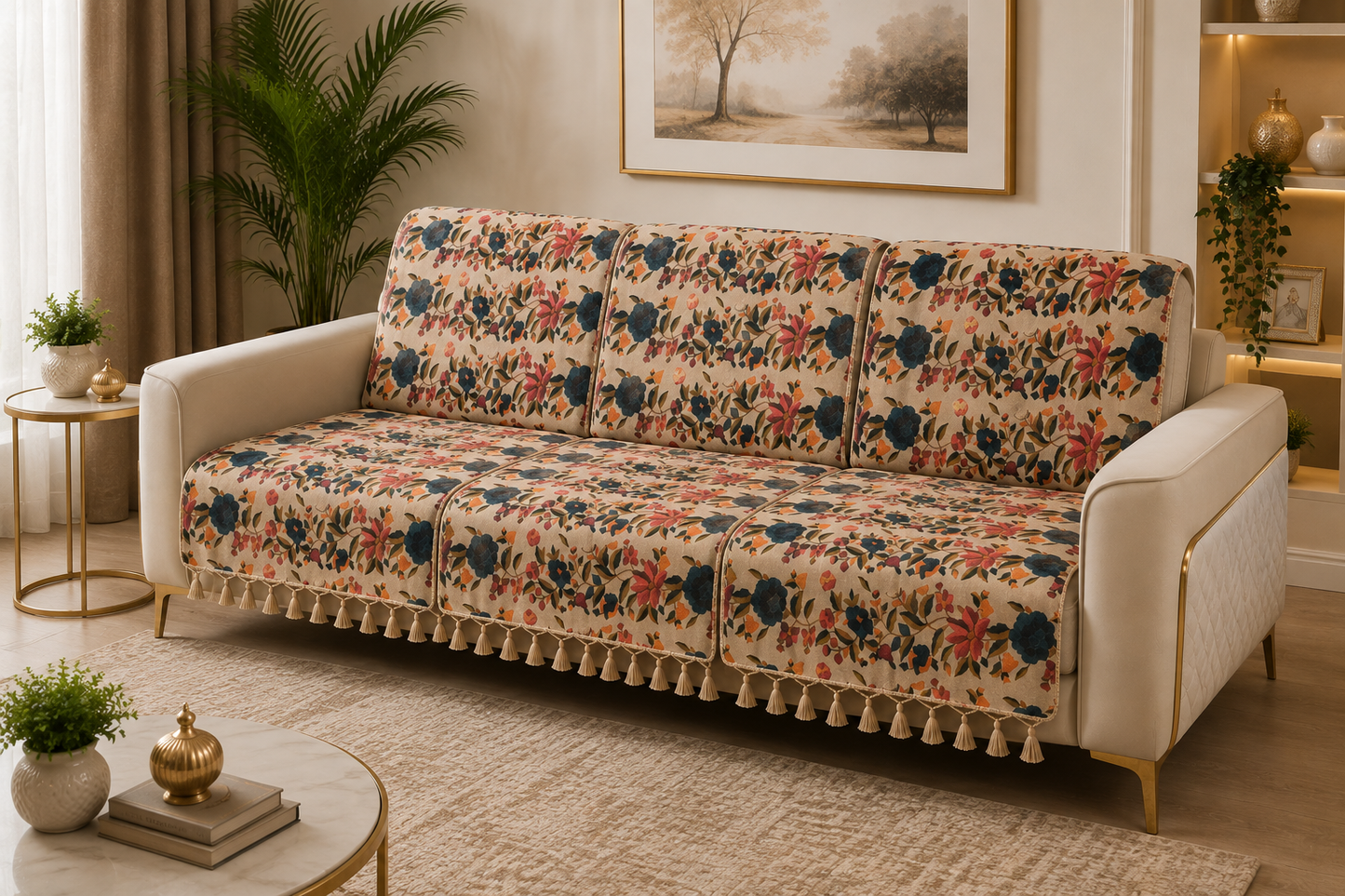 Pure Cotton Hand Block Printed Sofa Cover with Tassels | Premium Cotton Sofa Cover