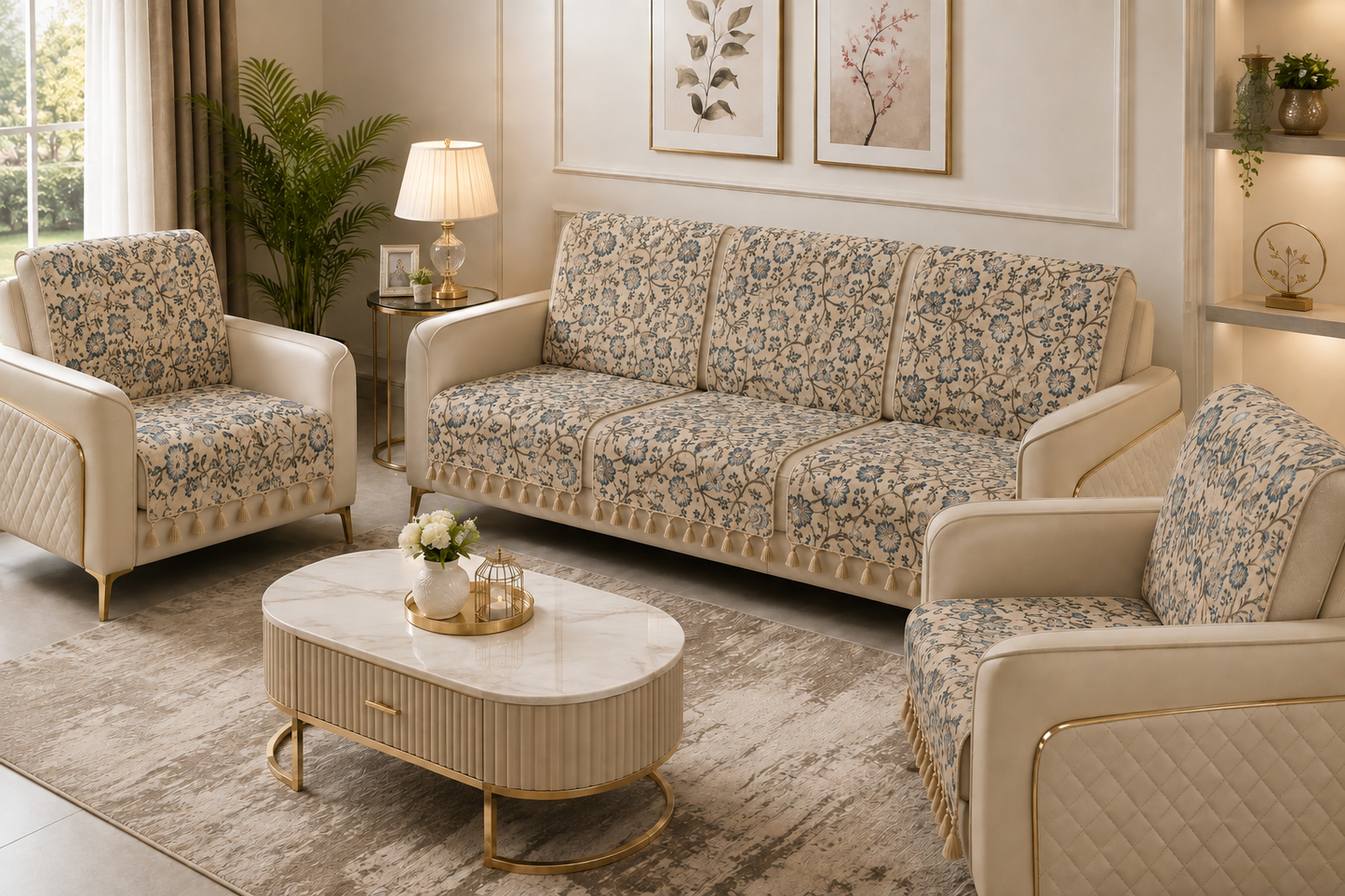 Pure Cotton Hand Block Printed Sofa Cover with Tassels | Premium Cotton Sofa Cover