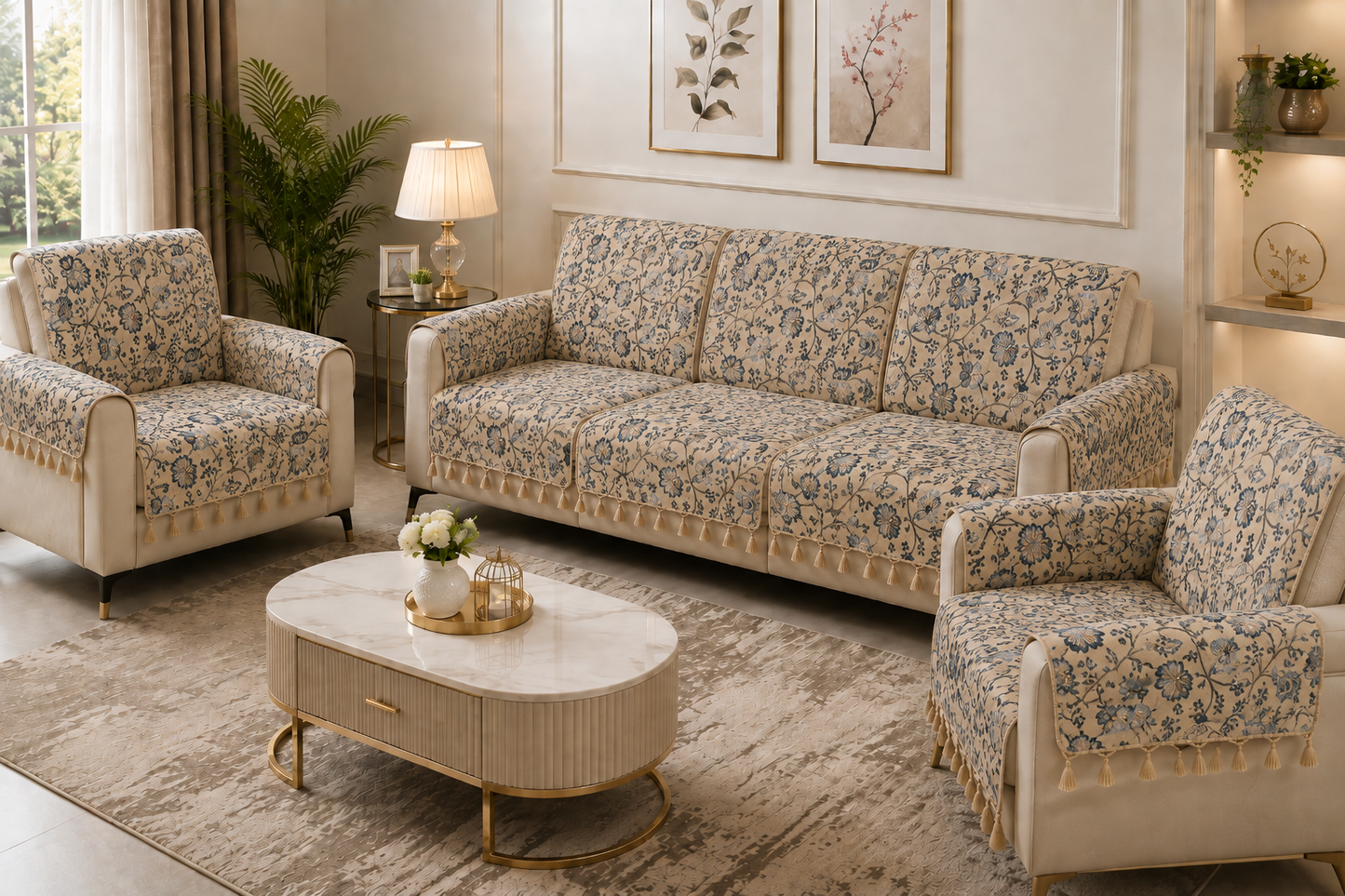 Pure Cotton Hand Block Printed Sofa Cover with Tassels | Premium Cotton Sofa Cover