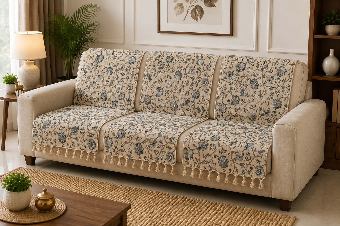 Pure Cotton Hand Block Printed Sofa Cover with Tassels | Premium Cotton Sofa Cover