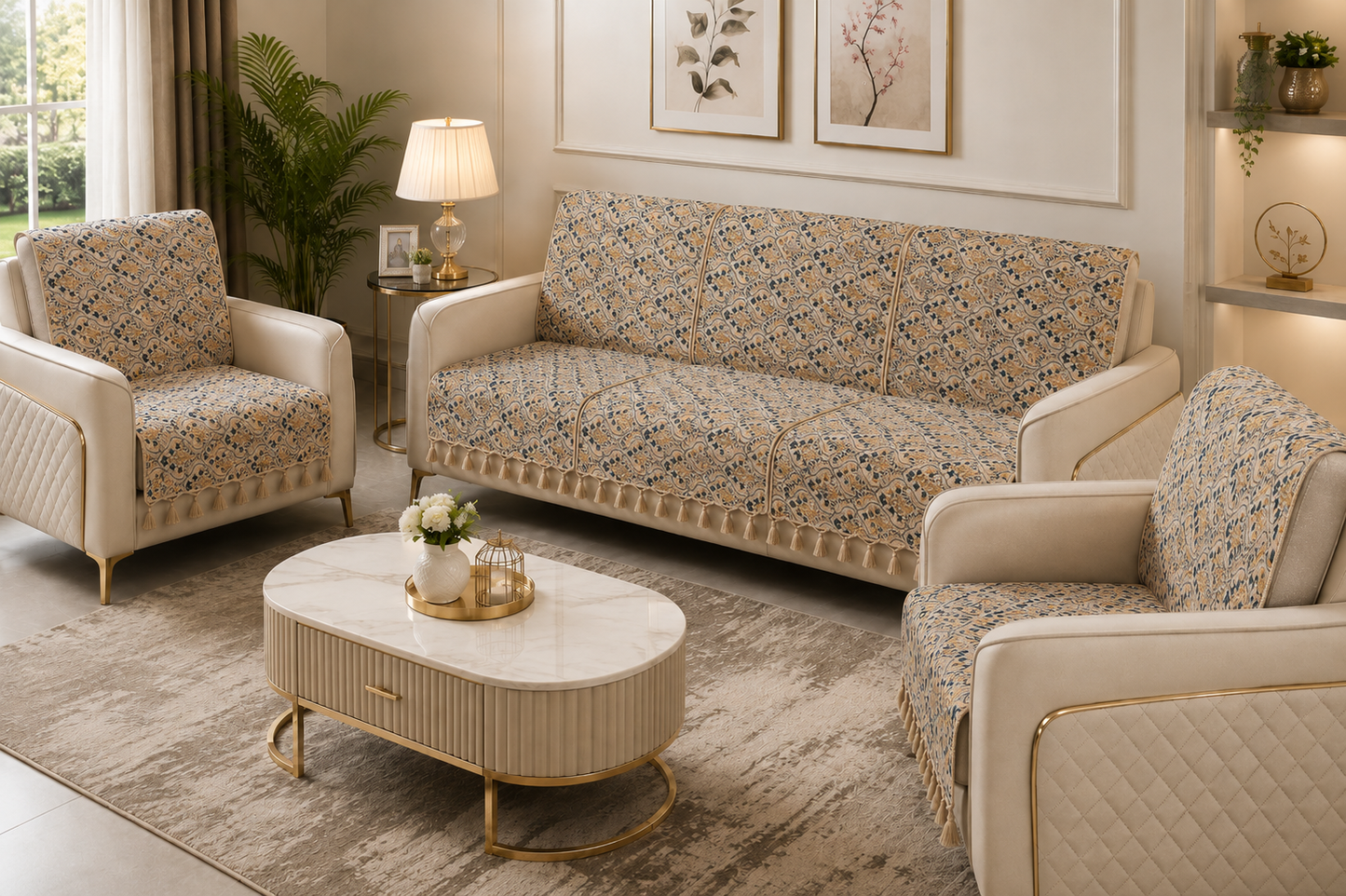 Pure Cotton Hand Block Printed Sofa Cover with Tassels | Premium Cotton Sofa Cover