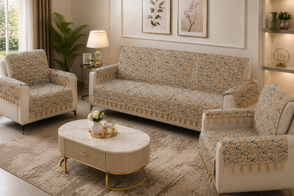 Pure Cotton Hand Block Printed Sofa Cover with Tassels | Premium Cotton Sofa Cover