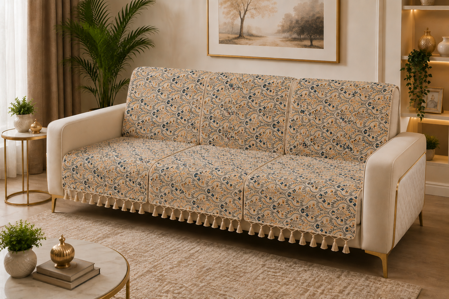 Pure Cotton Hand Block Printed Sofa Cover with Tassels | Premium Cotton Sofa Cover