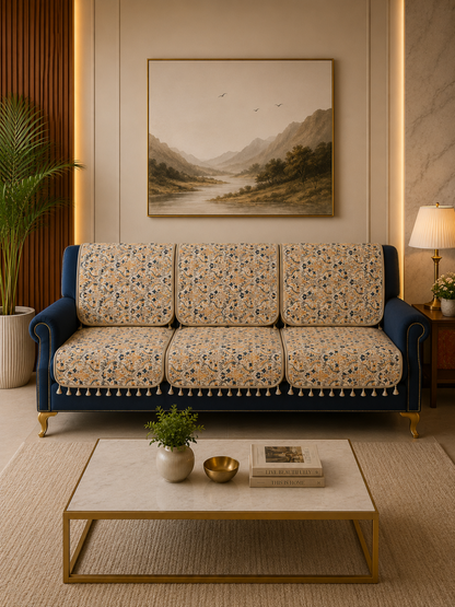 Pure Cotton Hand Block Printed Sofa Cover with Tassels | Premium Cotton Sofa Cover
