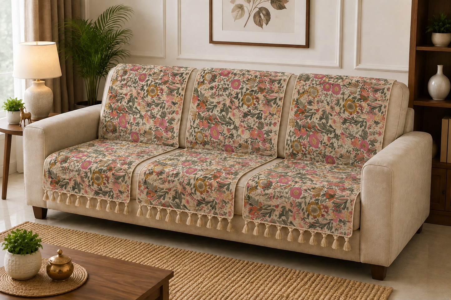 Pure Cotton Hand Block Printed Sofa Cover with Tassels | Premium Cotton Sofa Cover