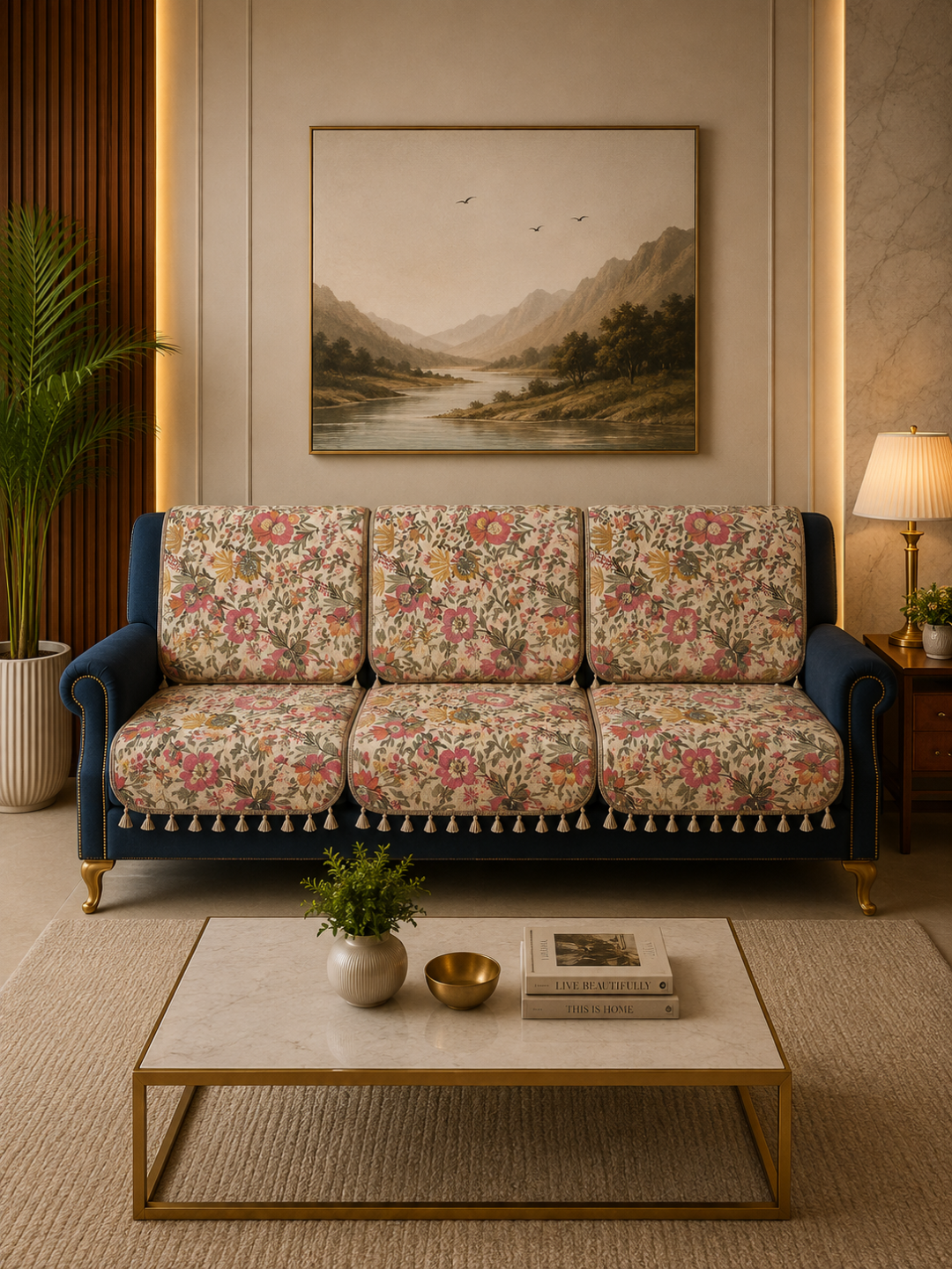 Pure Cotton Hand Block Printed Sofa Cover with Tassels | Premium Cotton Sofa Cover