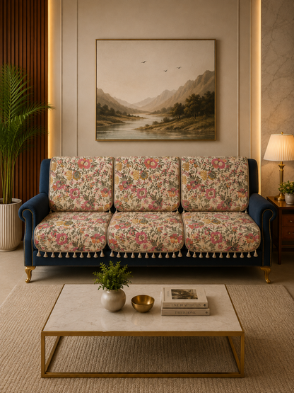 Pure Cotton Hand Block Printed Sofa Cover with Tassels | Premium Cotton Sofa Cover