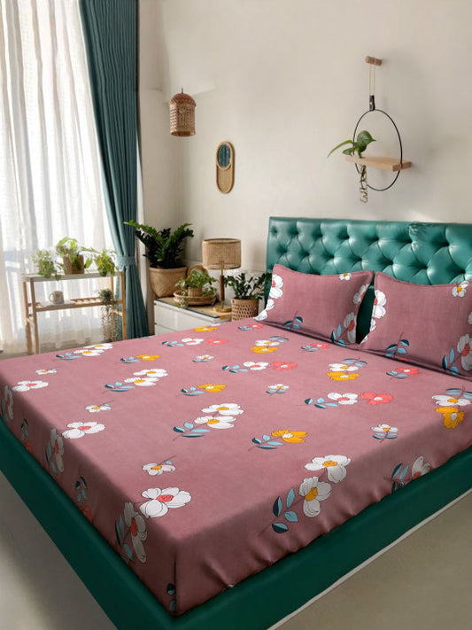 Pink Floral Cotton 280 TC Queen Fine Bedsheet with 2 Pillow Covers-228 x 254 cm