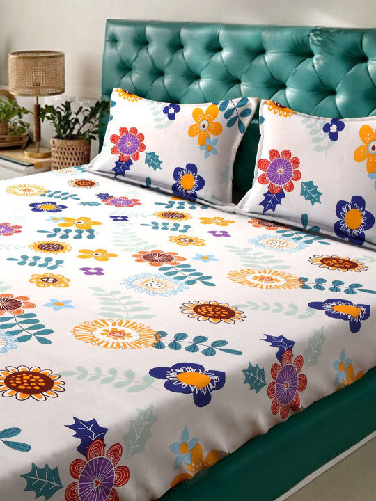 White Floral Polycotton Skin-Friendly 280 TC Queen Fine Bedsheet with 2 Pillow Covers-90 x 100 inches