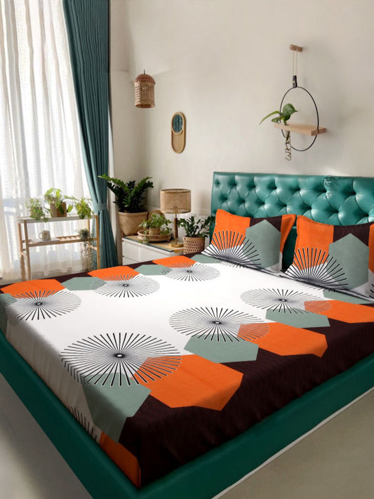 White Geometric Polycotton 300 TC Fitted Queen Fine Bedsheet with 2 Pillow Covers-72 x 78 inches