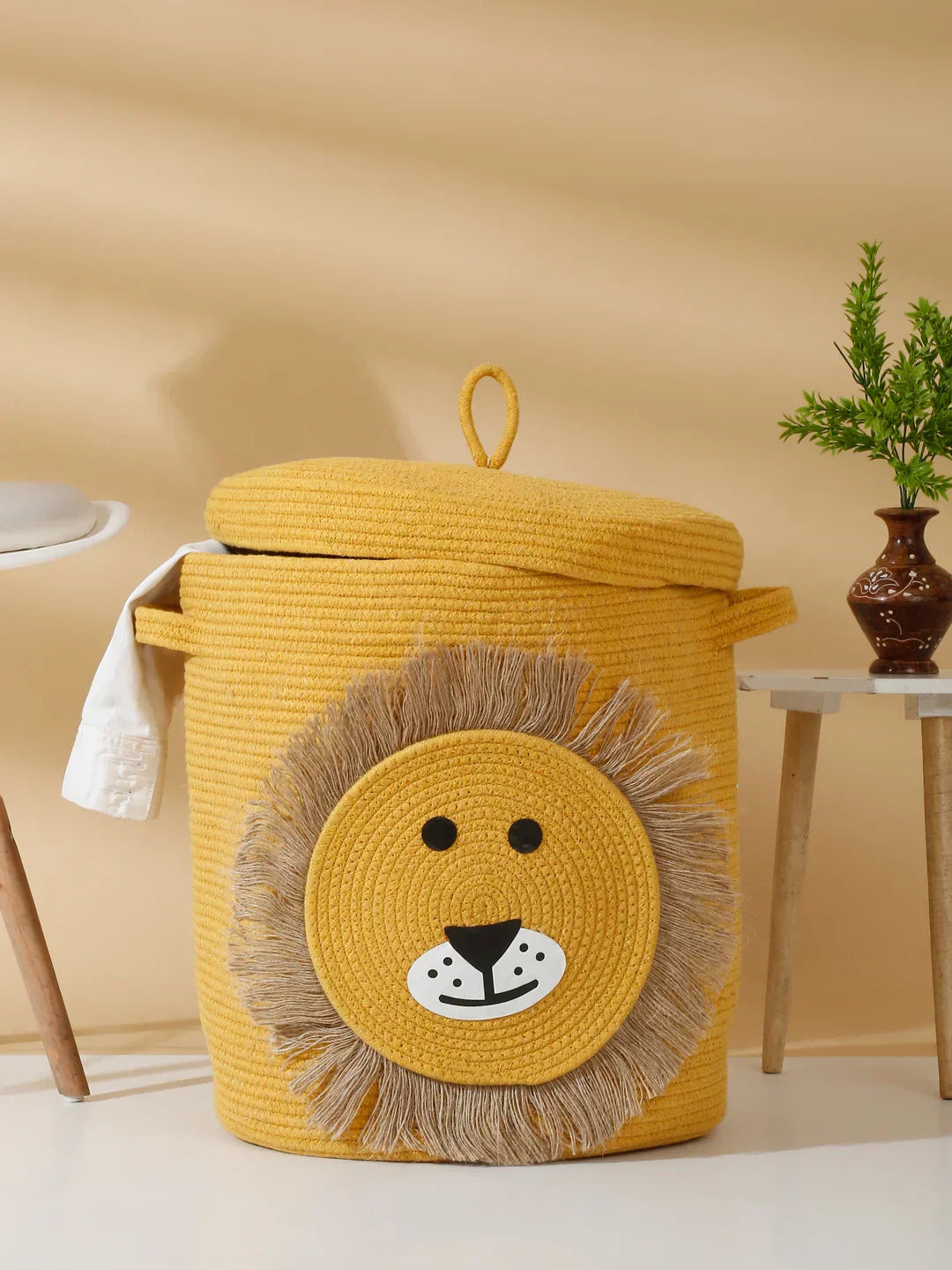 Handwoven jute cotton lion storage basket