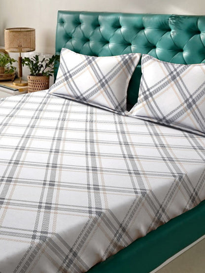 White Checked Cotton 280 TC King Fine Bedsheet with 2 Pillow Covers-100 x 107 inches
