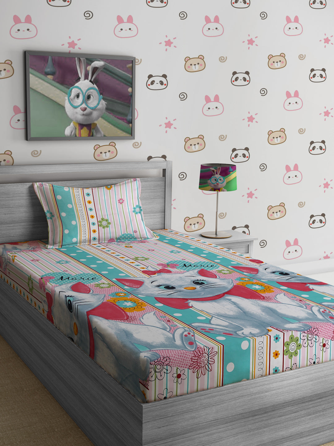 Hosta Homes Kitty Printed Multicolored Kids Bedsheet With Pillow Cover image 0