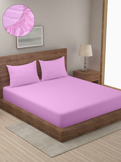 HOSTA HOMES Pink Striped 300 TC Cotton Fitted Bedsheet with Pillow Covers - King Size image